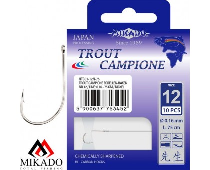Крючки с поводками Mikado TROUT CAMPIONE № 10 NI / 0.18 мм. / 100 см. Нет цвета