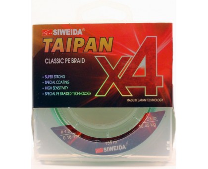 Шнур плетеный SIWEIDA "TAIPAN CLASSIC PE BRAID X4" 0,14мм  135м (#0.8, 16lb, 7,20кг, light-green)