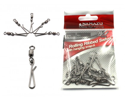 Вертлюг с форелевой заст. Namazu ROLLING RIBBED SWIVEL WITH HANGING SNAP-A, цв. BN, р. 8, test-12 кг (уп.10 шт)/1500/